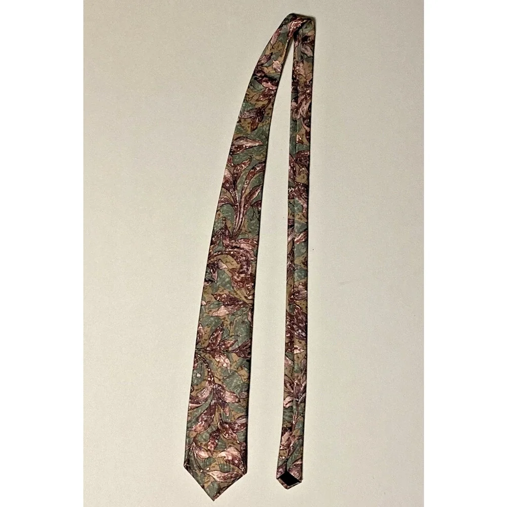 Mens Silk Necktie Pagliano Milan New York Green Brown Earth Tones Floral AOP